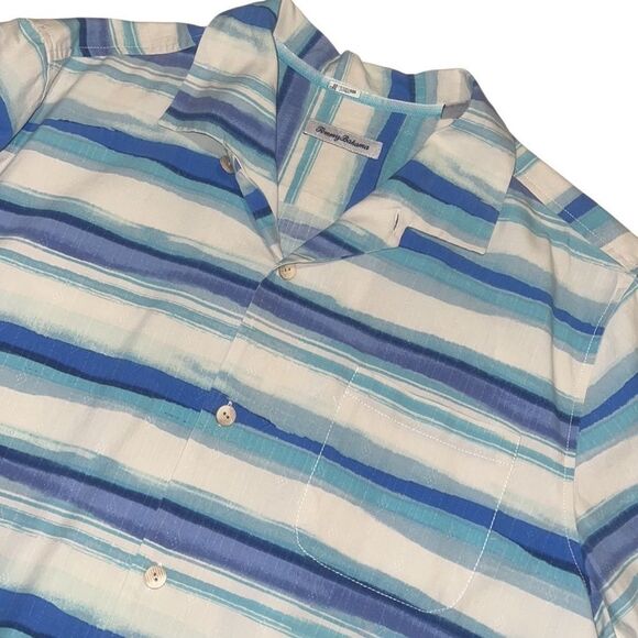 Tommy Bahama Blue and Cream Watercolor Striped Silk Shirt Men's Size XL - Picture 1 of 11